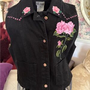 Black  Denim  Vest with the Beautiful Pink appliqué roses
